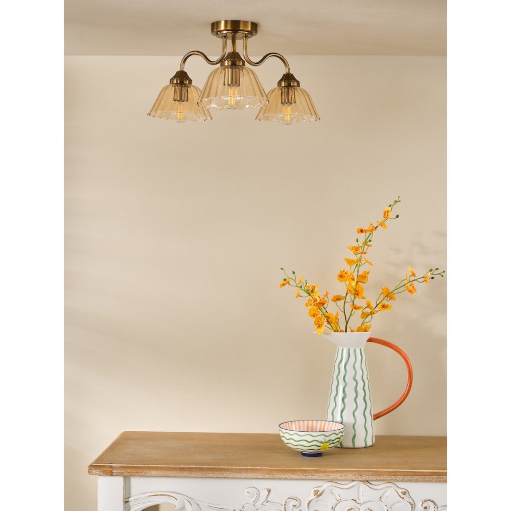 ERI5363 Erika 3 Light Semi-Flush Antique Bronze and Amber Glass