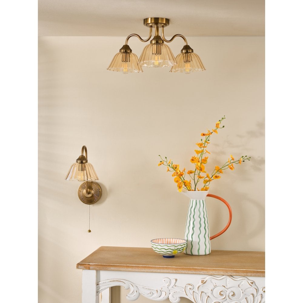 ERI5363 Erika 3 Light Semi-Flush Antique Bronze and Amber Glass