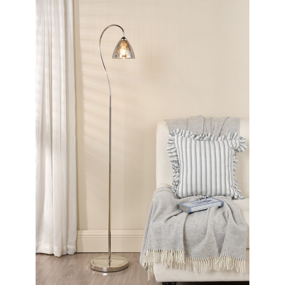 GLY4938 Glynis Floor Lamp Polished Nickel and Smoked Ribbed Glass
