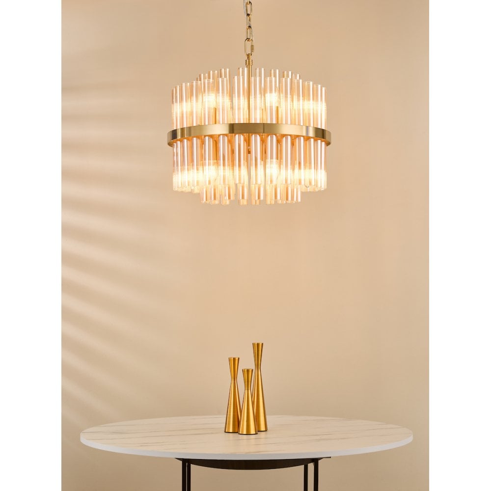 IMA1235 Imani 12 Light Pendant Natural Brass and Champagne Ribbed Glass