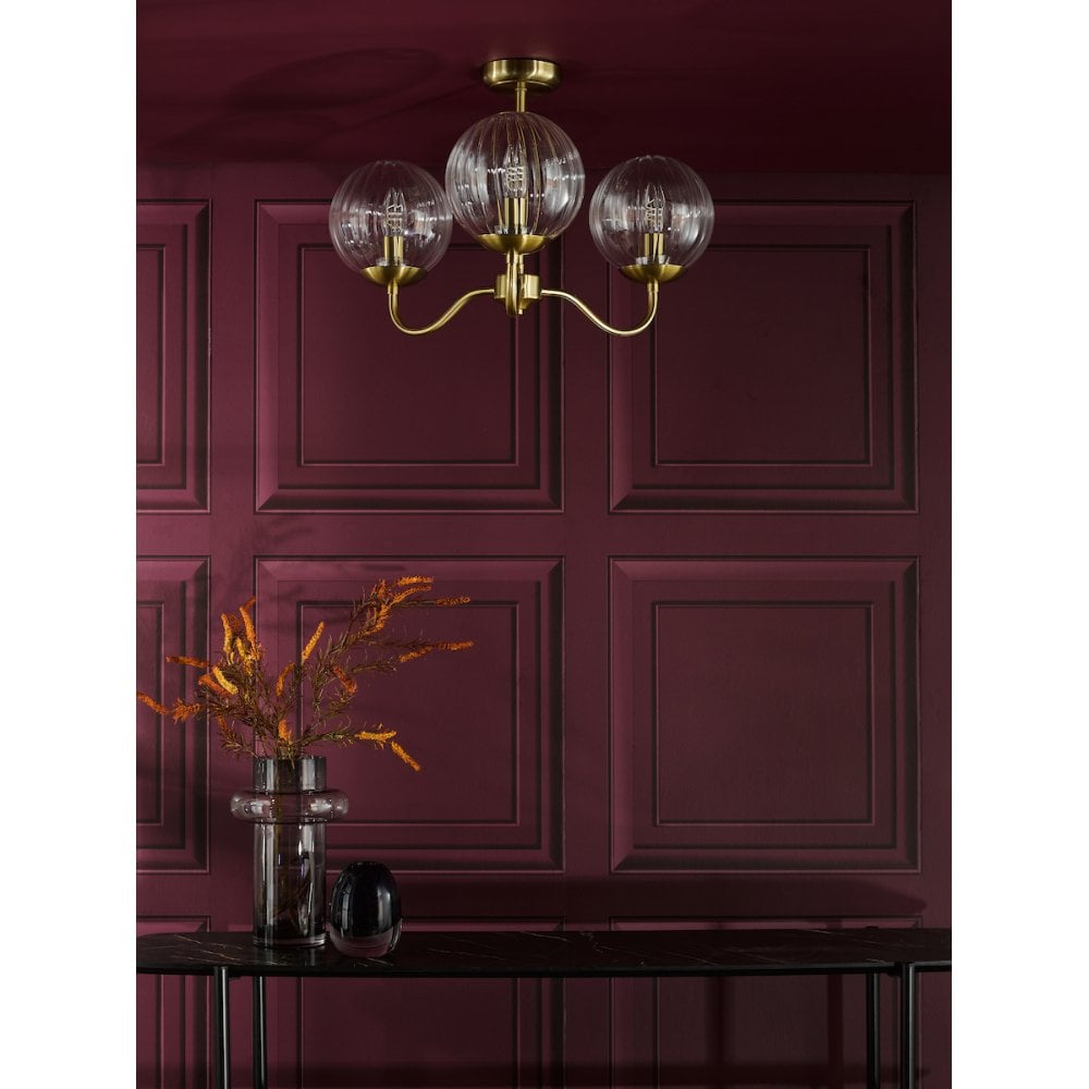 JOC5342 Jocelyn 3 Light Semi-Flush Natural Brass and Glass