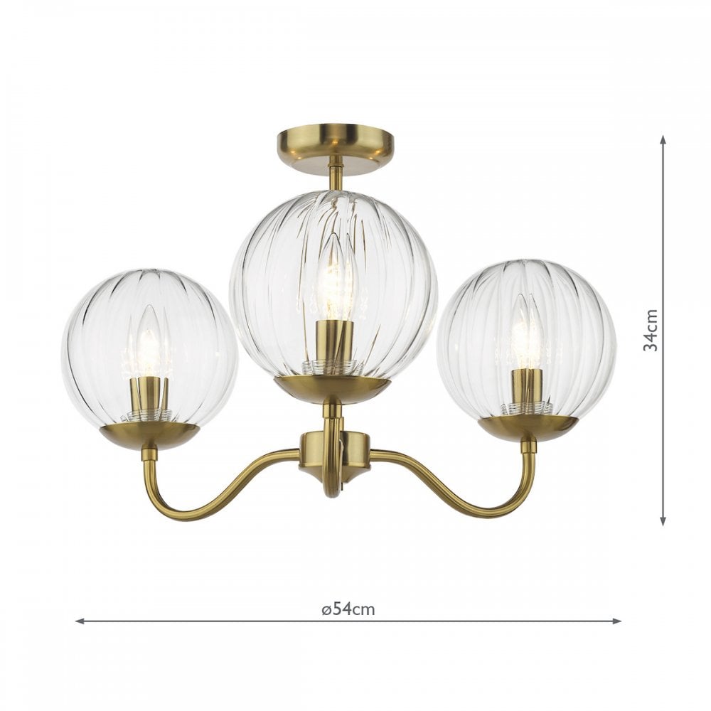 JOC5342 Jocelyn 3 Light Semi-Flush Natural Brass and Glass