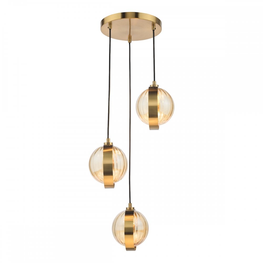 OPH0335 Ophira 3 Light Cluster Pendant Antique Gold and Amber Ribbed Glass