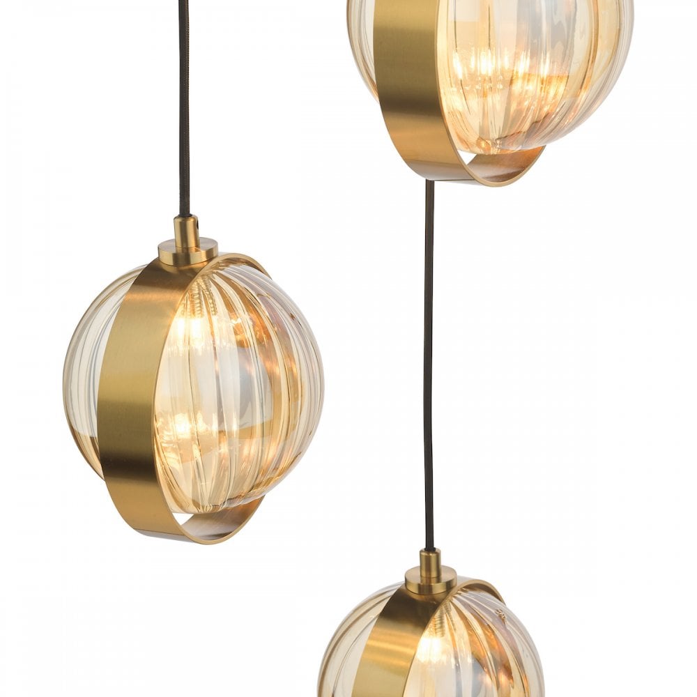 OPH0335 Ophira 3 Light Cluster Pendant Antique Gold and Amber Ribbed Glass