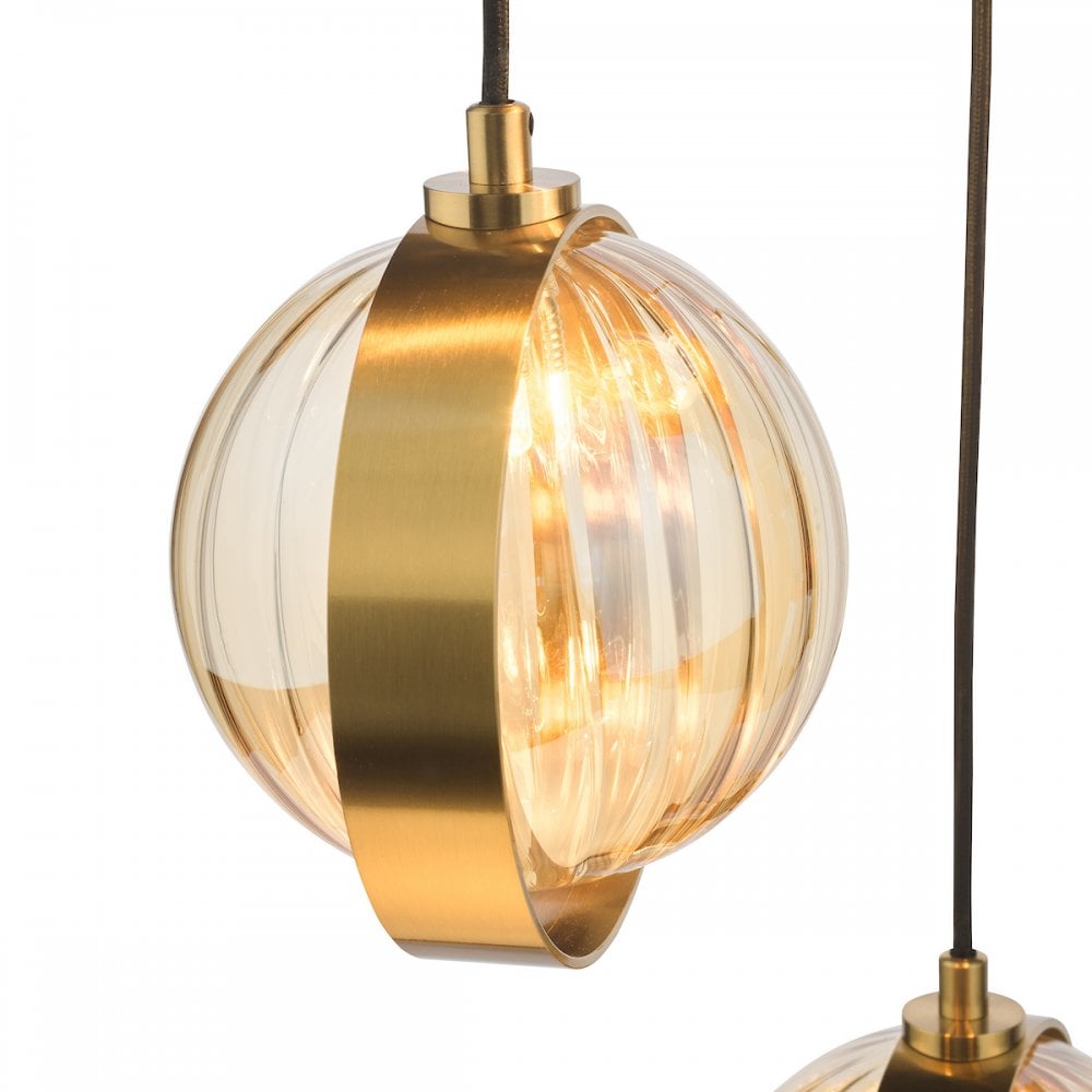 OPH0335 Ophira 3 Light Cluster Pendant Antique Gold and Amber Ribbed Glass