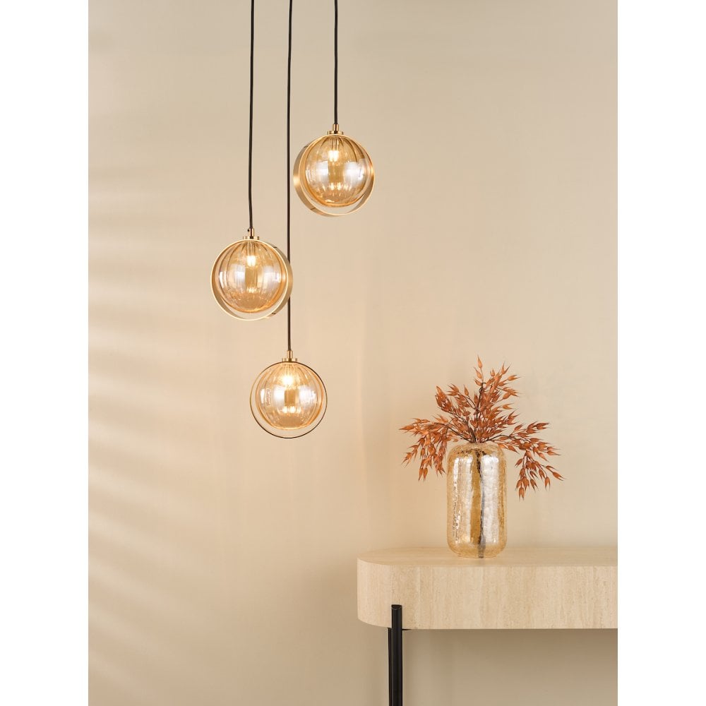 OPH0335 Ophira 3 Light Cluster Pendant Antique Gold and Amber Ribbed Glass