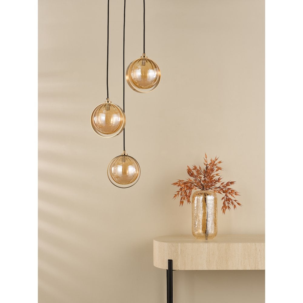 OPH0335 Ophira 3 Light Cluster Pendant Antique Gold and Amber Ribbed Glass