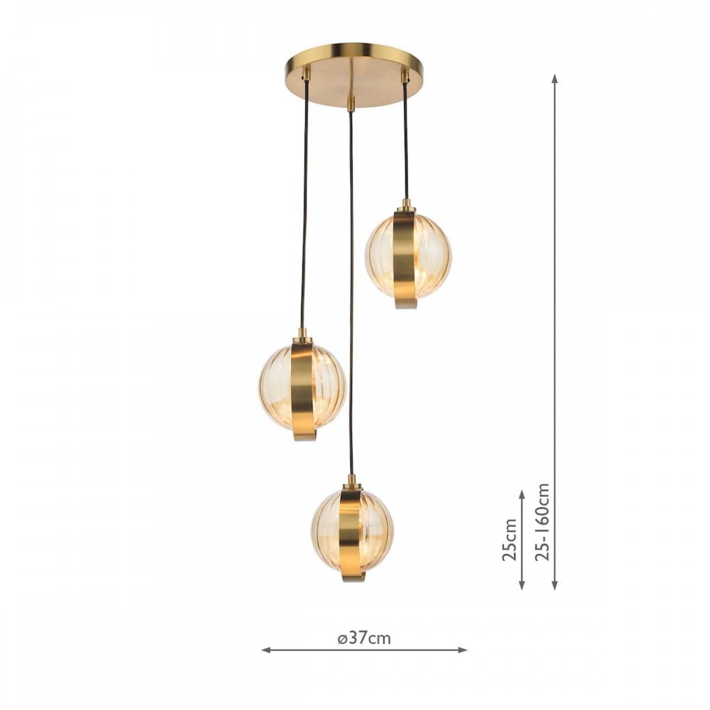 OPH0335 Ophira 3 Light Cluster Pendant Antique Gold and Amber Ribbed Glass