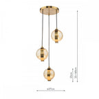 OPH0335 Ophira 3 Light Cluster Pendant Antique Gold and Amber Ribbed Glass