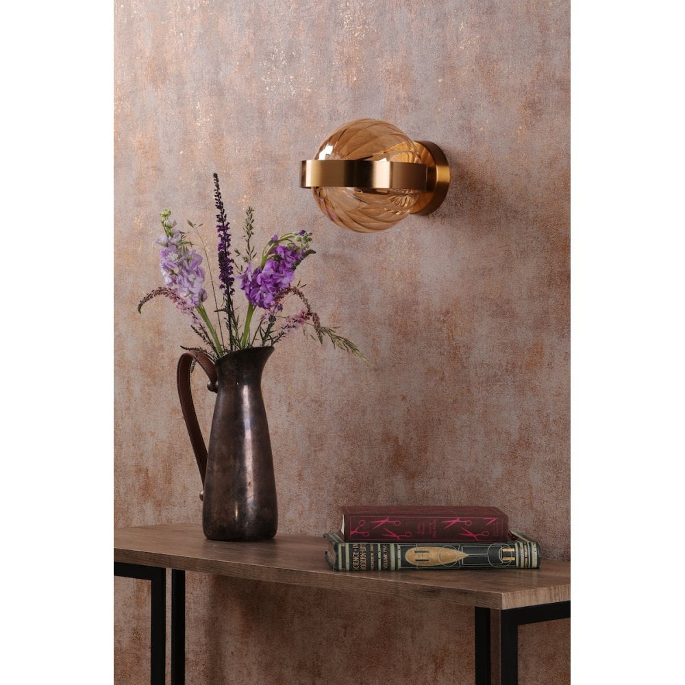 OPH0735 Ophira Wall Light Antique Gold and Amber Ribbed Glass