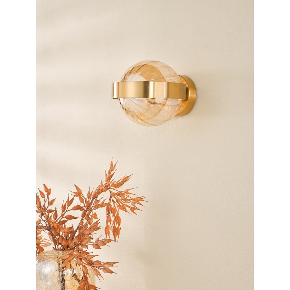 OPH0735 Ophira Wall Light Antique Gold and Amber Ribbed Glass