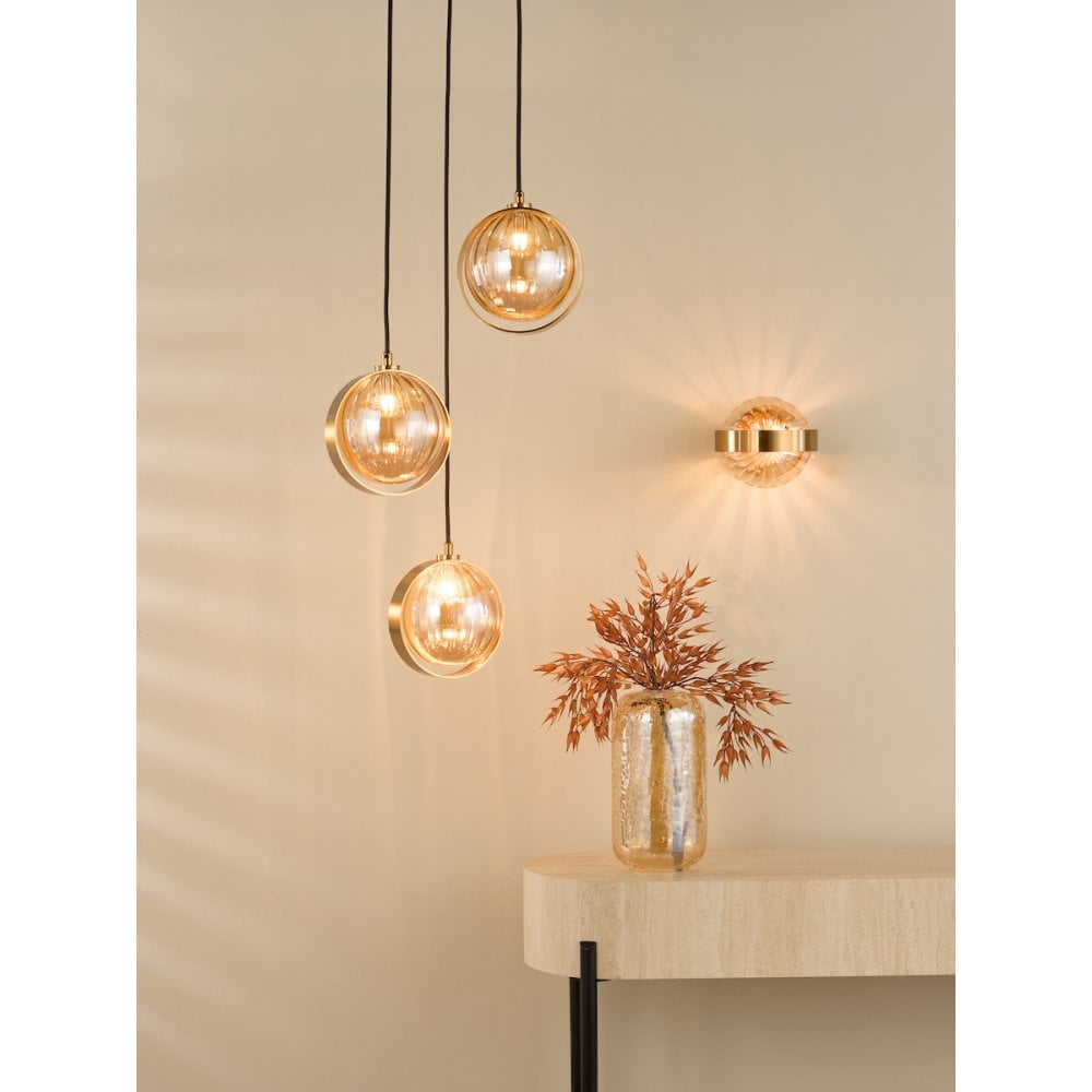 OPH0735 Ophira Wall Light Antique Gold and Amber Ribbed Glass