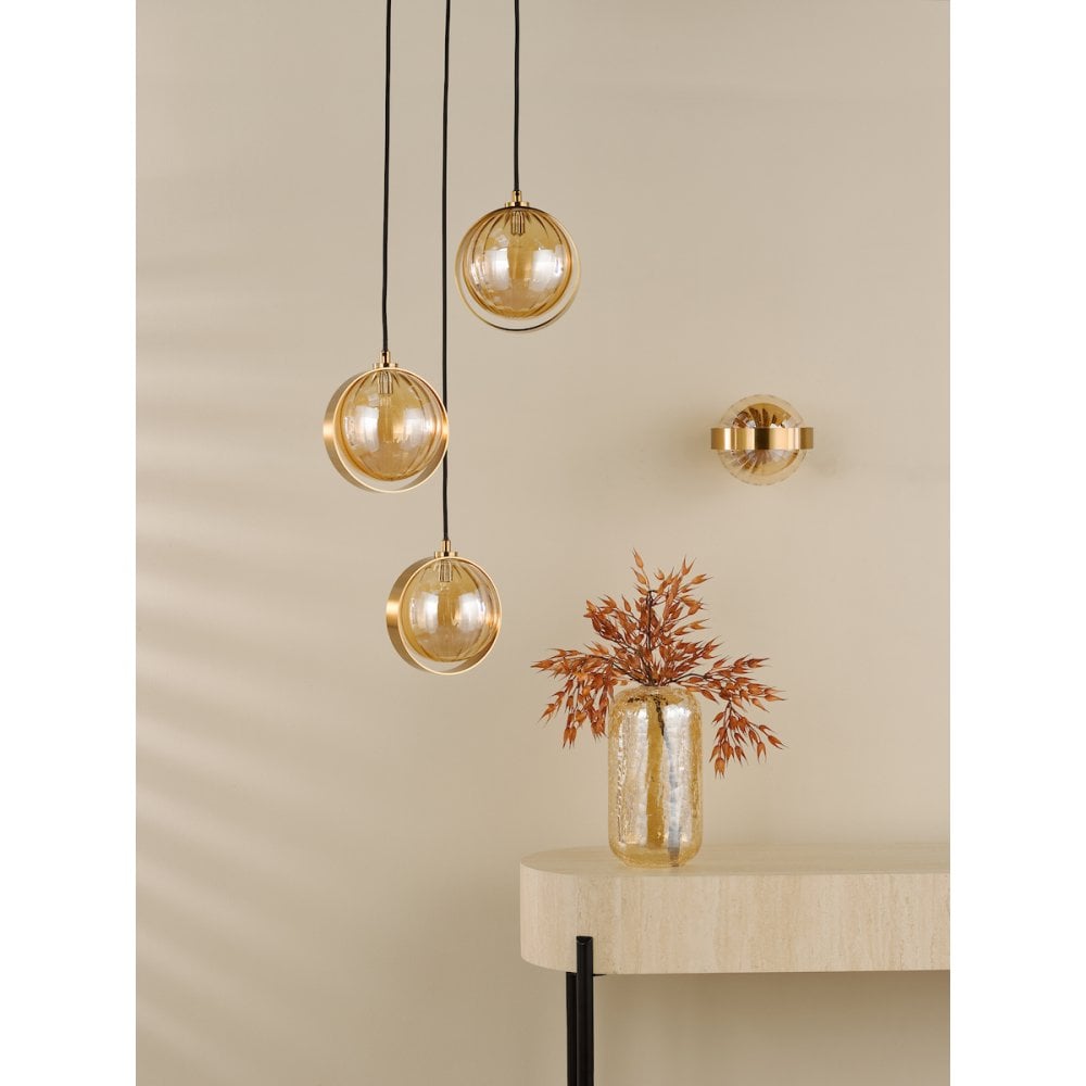 OPH0735 Ophira Wall Light Antique Gold and Amber Ribbed Glass