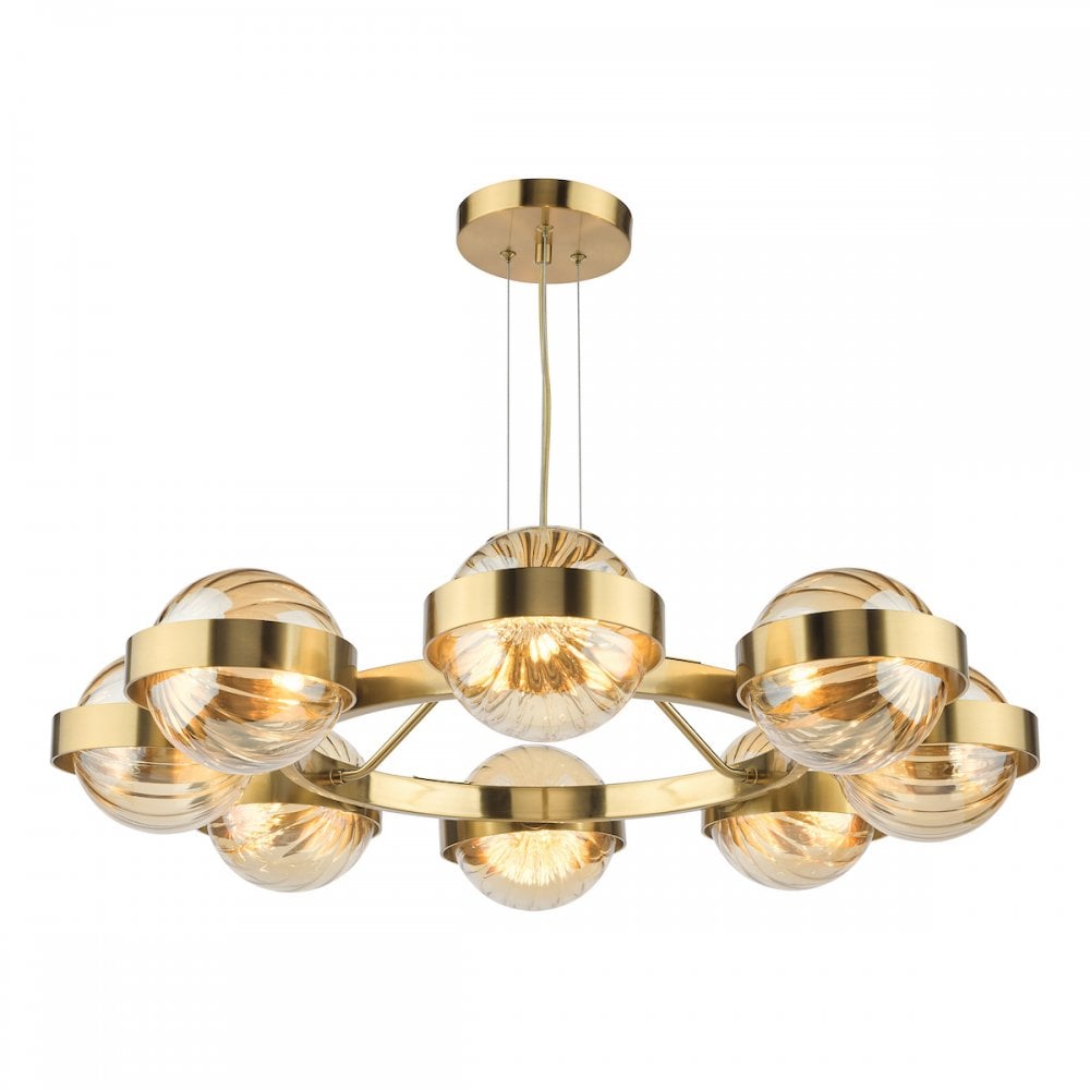 OPH0835 Ophira 8 Light Pendant Antique Gold and Amber Ribbed Glass