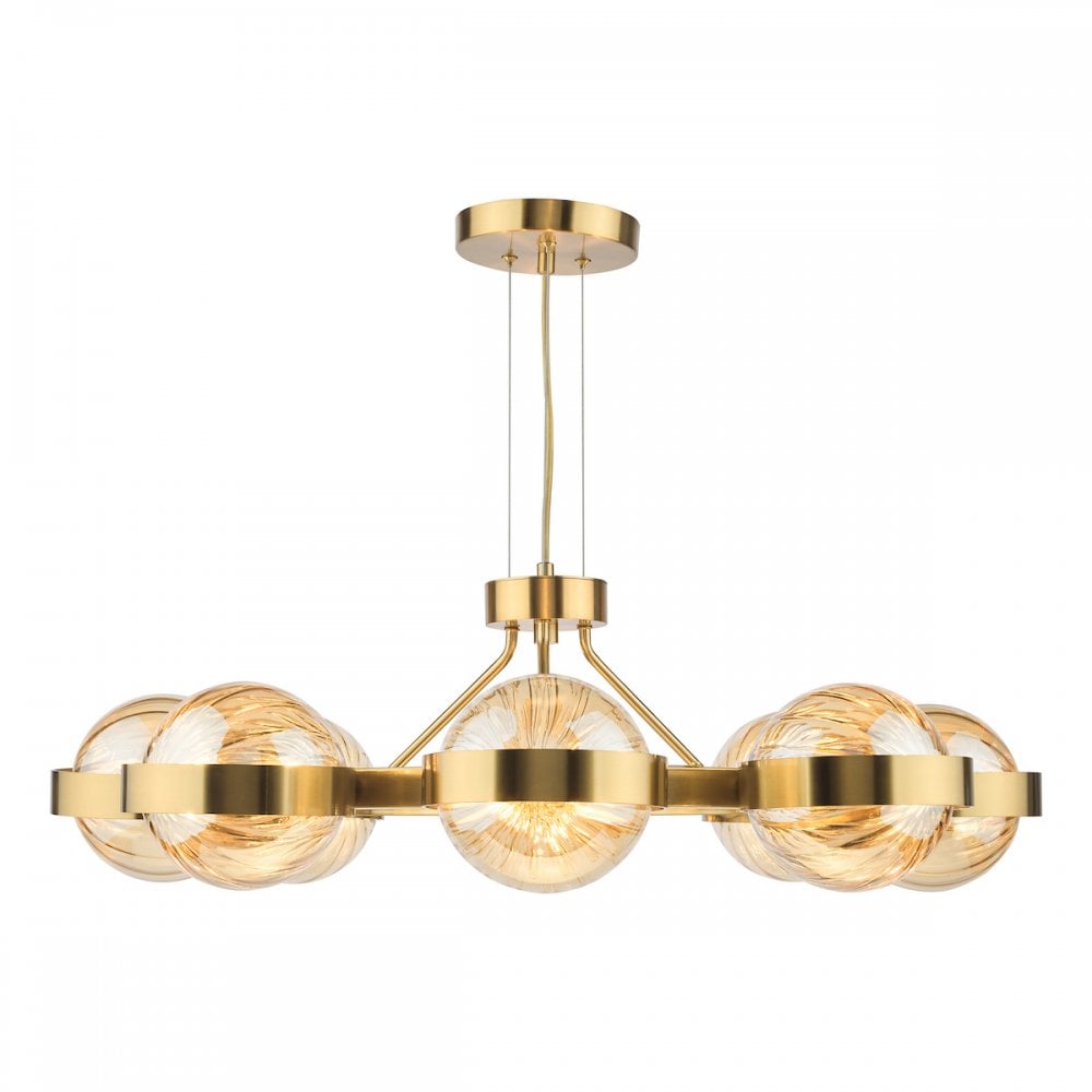 OPH0835 Ophira 8 Light Pendant Antique Gold and Amber Ribbed Glass
