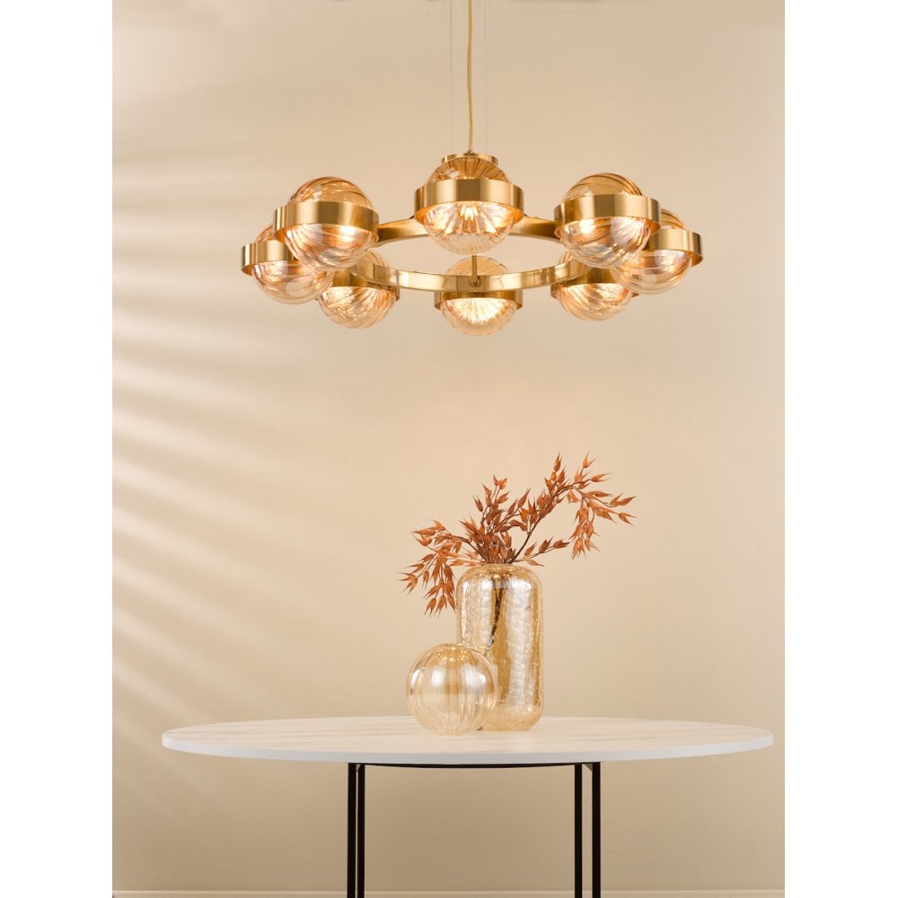 OPH0835 Ophira 8 Light Pendant Antique Gold and Amber Ribbed Glass
