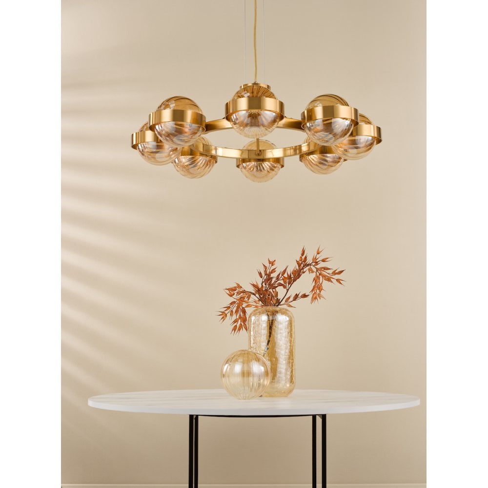 OPH0835 Ophira 8 Light Pendant Antique Gold and Amber Ribbed Glass