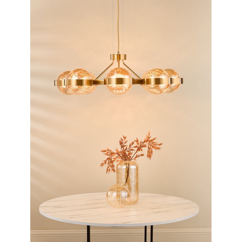 OPH0835 Ophira 8 Light Pendant Antique Gold and Amber Ribbed Glass