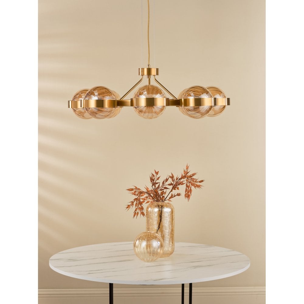 OPH0835 Ophira 8 Light Pendant Antique Gold and Amber Ribbed Glass