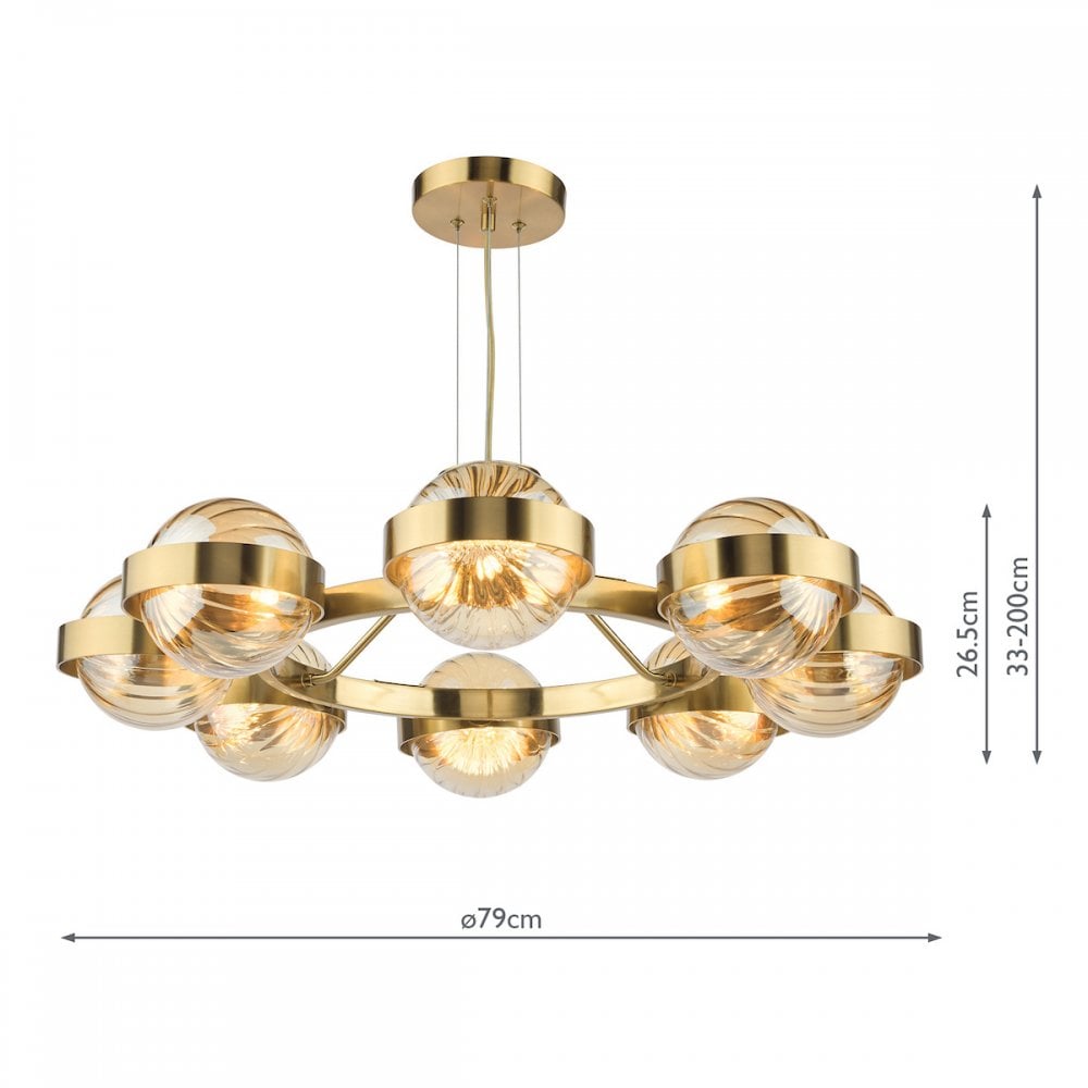 OPH0835 Ophira 8 Light Pendant Antique Gold and Amber Ribbed Glass