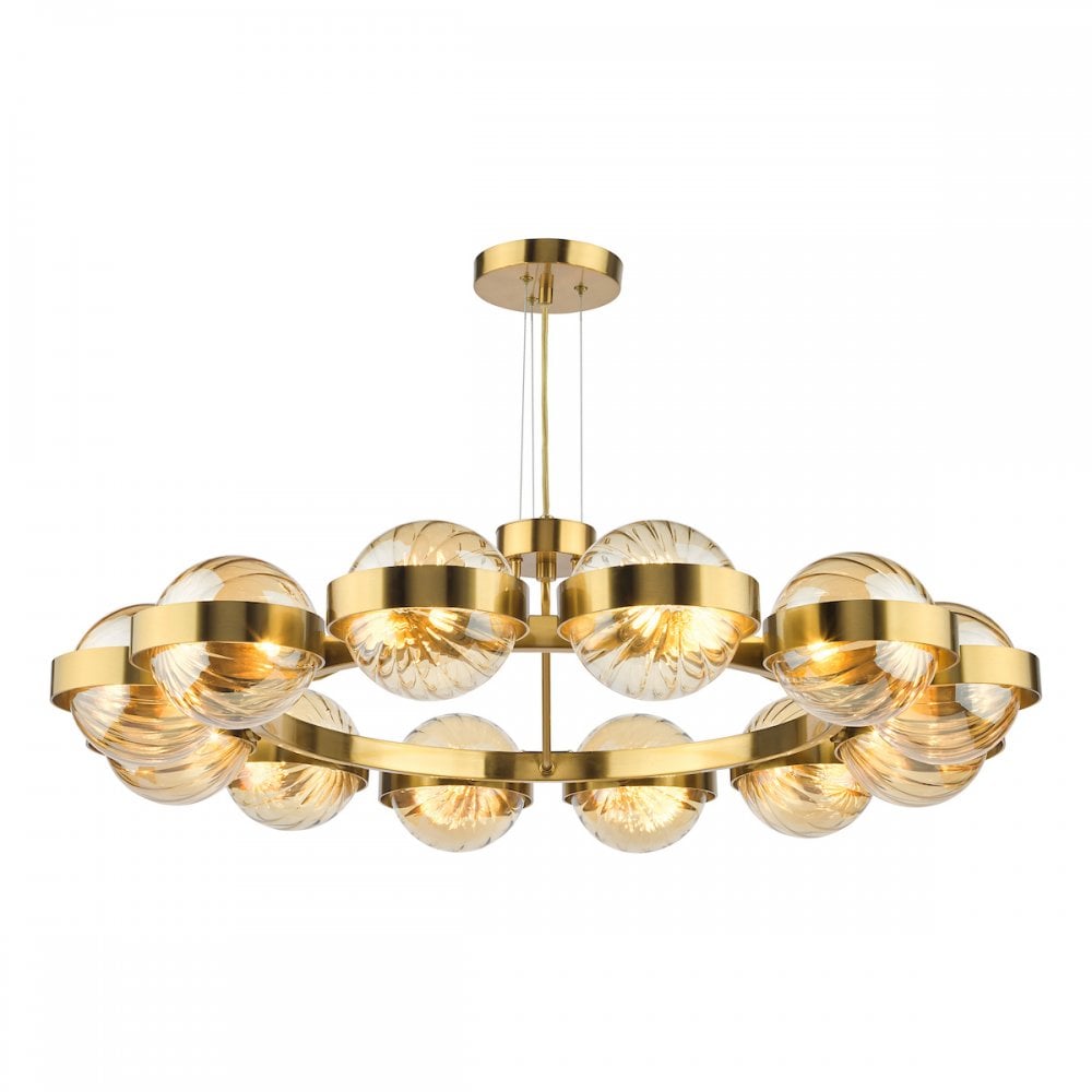 OPH1235 Ophira 12 Light Pendant Antique Gold and Amber Ribbed Glass