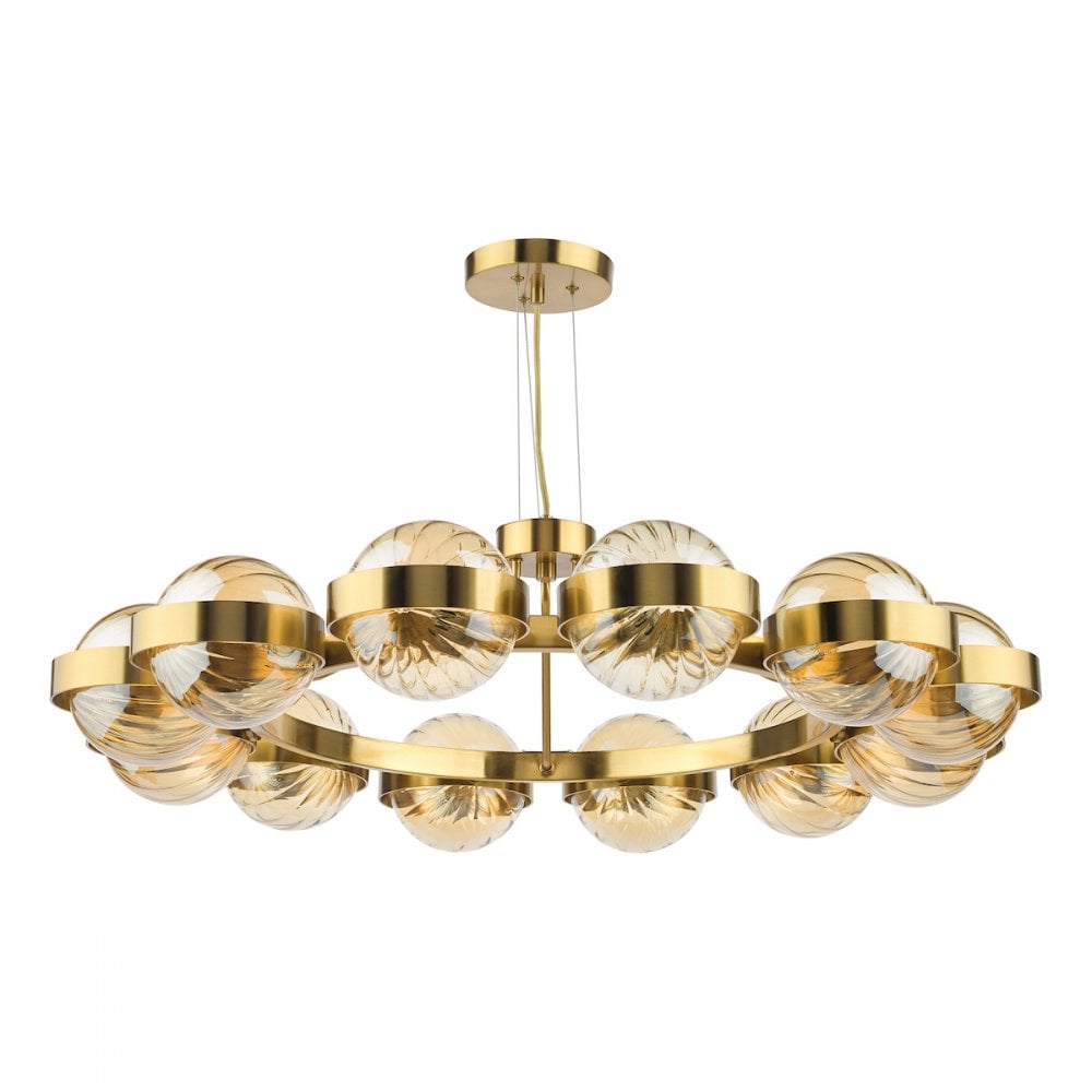 OPH1235 Ophira 12 Light Pendant Antique Gold and Amber Ribbed Glass