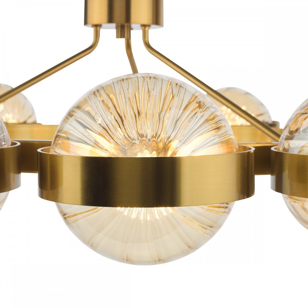 OPH1235 Ophira 12 Light Pendant Antique Gold and Amber Ribbed Glass