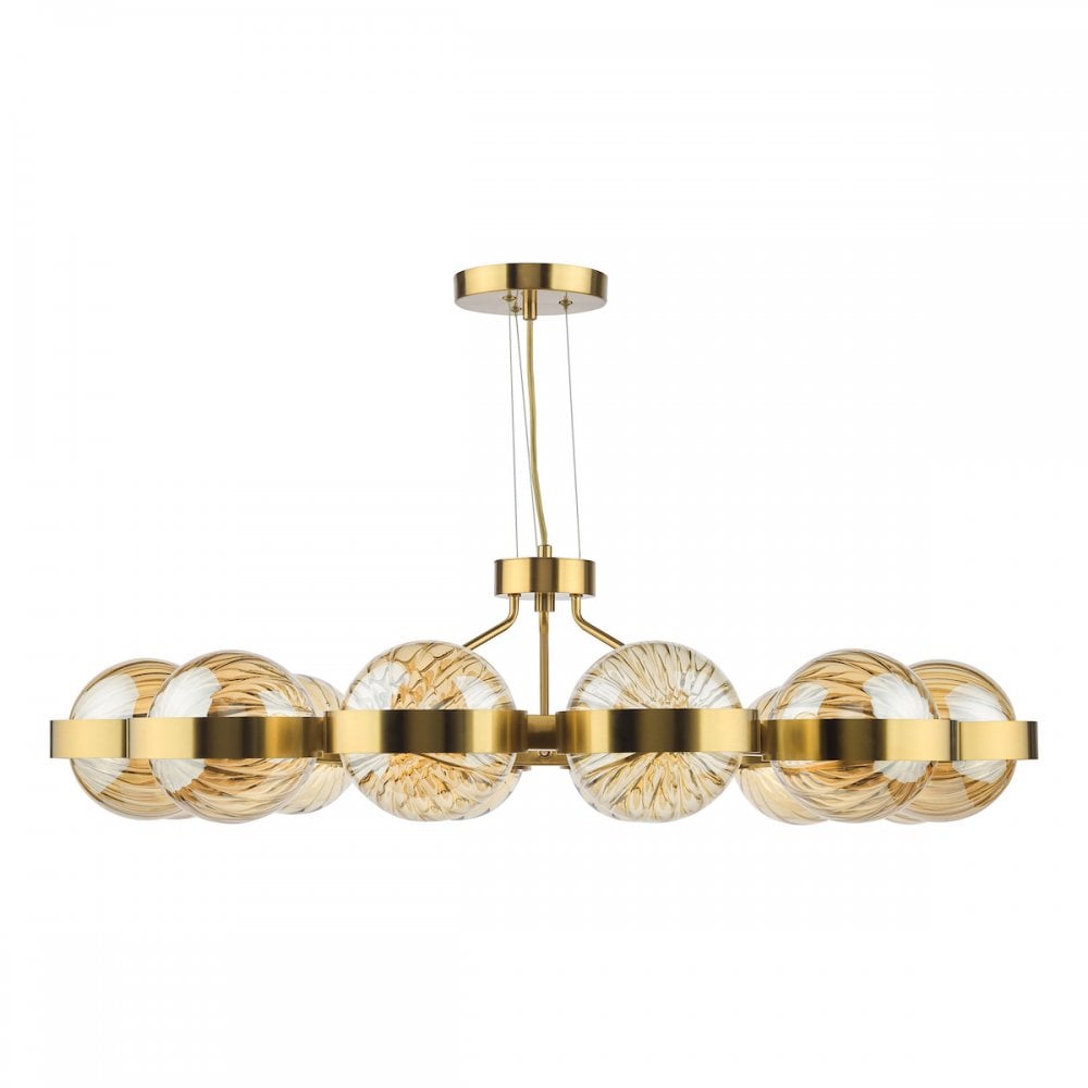 OPH1235 Ophira 12 Light Pendant Antique Gold and Amber Ribbed Glass
