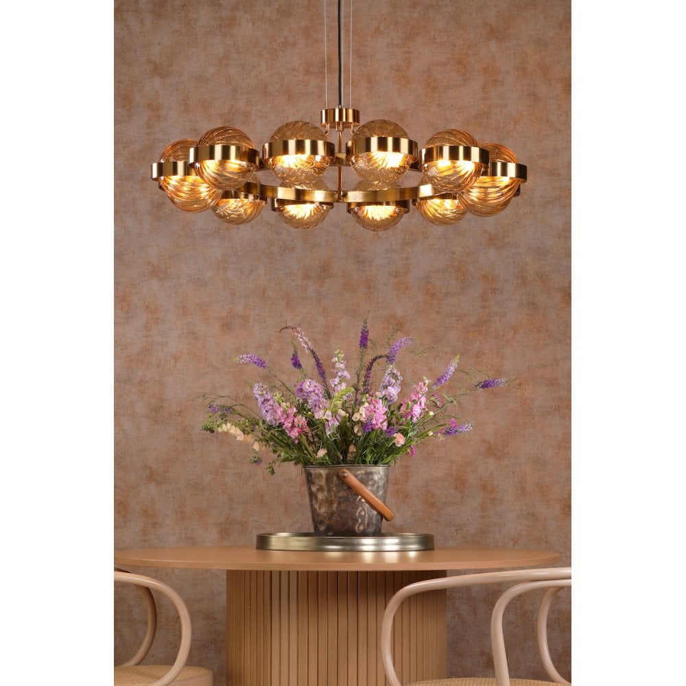 OPH1235 Ophira 12 Light Pendant Antique Gold and Amber Ribbed Glass