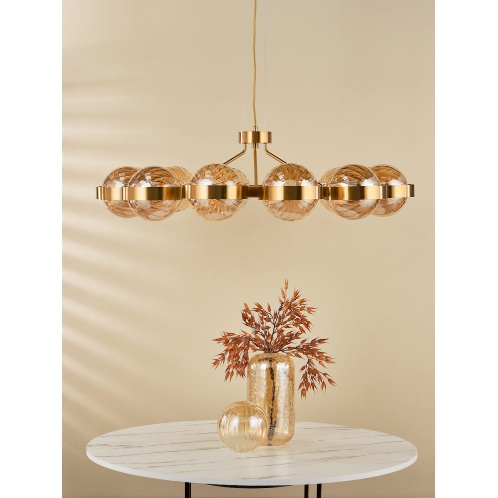 OPH1235 Ophira 12 Light Pendant Antique Gold and Amber Ribbed Glass