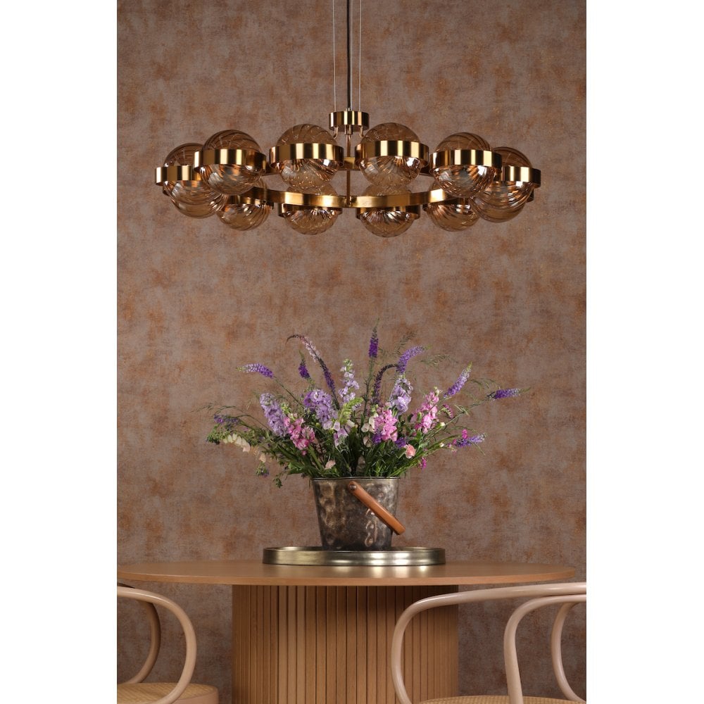 OPH1235 Ophira 12 Light Pendant Antique Gold and Amber Ribbed Glass