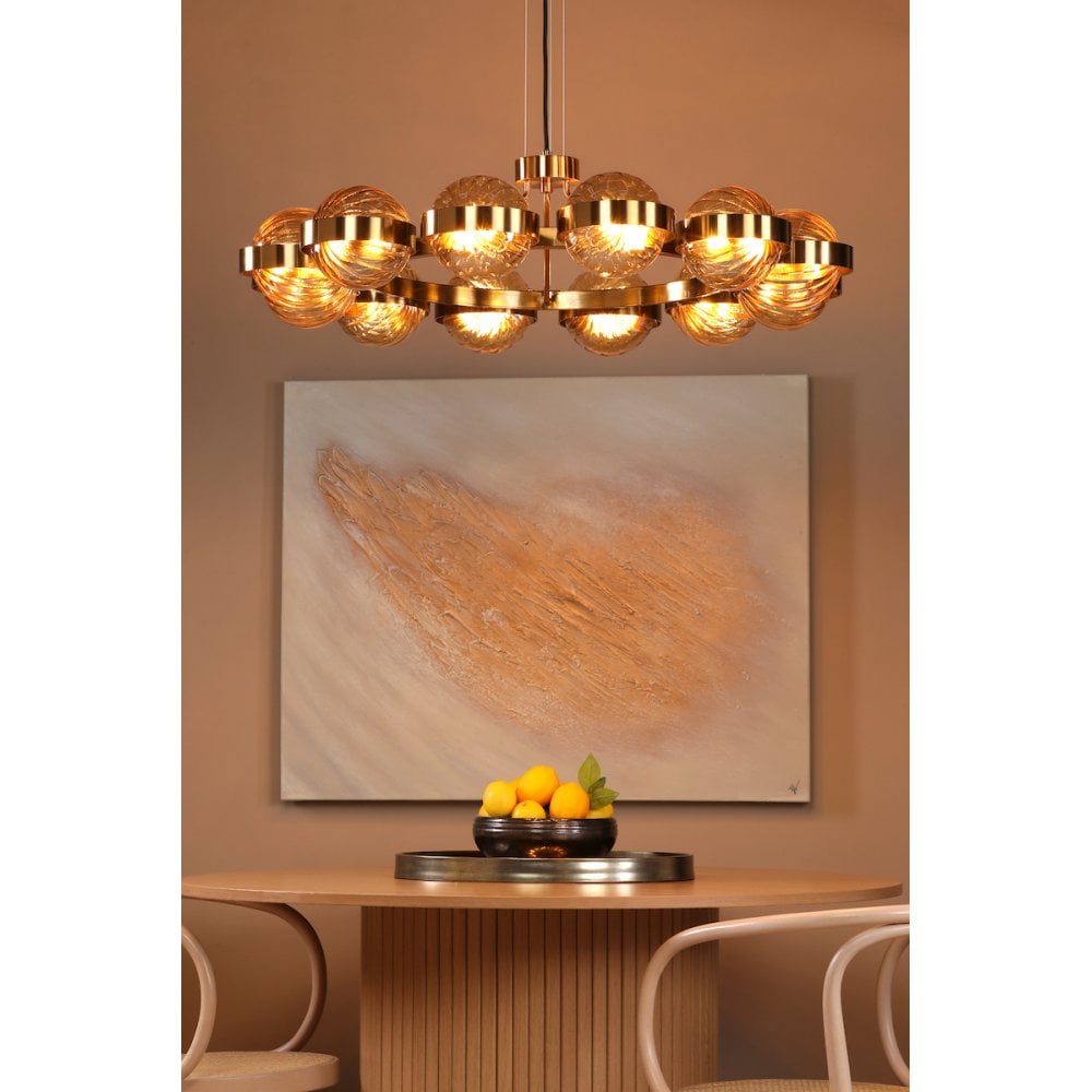 OPH1235 Ophira 12 Light Pendant Antique Gold and Amber Ribbed Glass