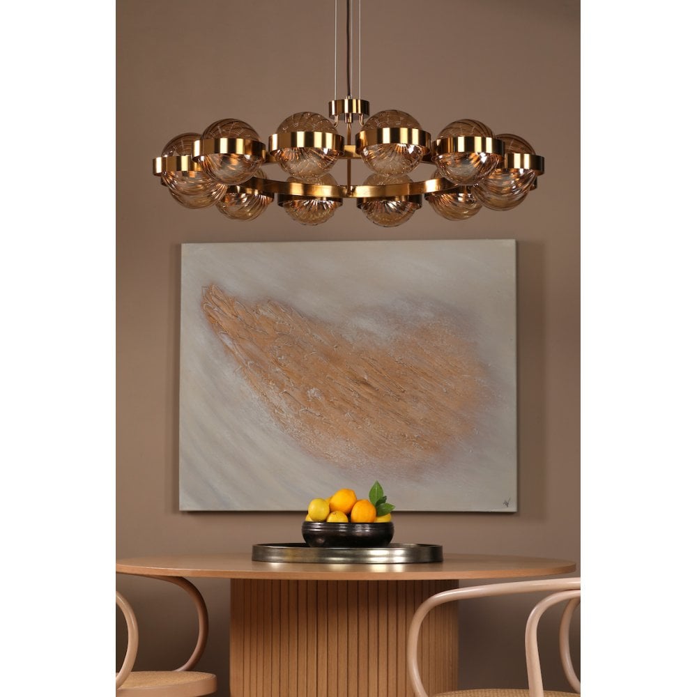 OPH1235 Ophira 12 Light Pendant Antique Gold and Amber Ribbed Glass