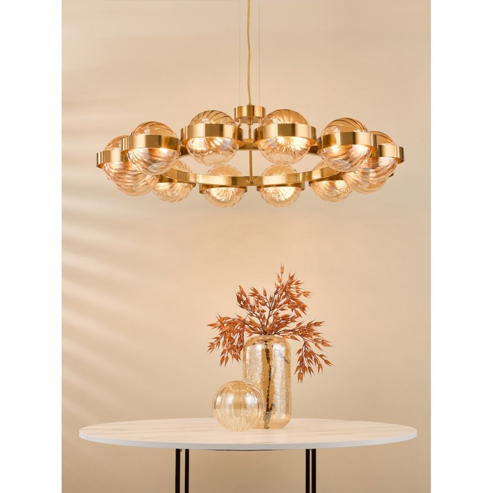 OPH1235 Ophira 12 Light Pendant Antique Gold and Amber Ribbed Glass