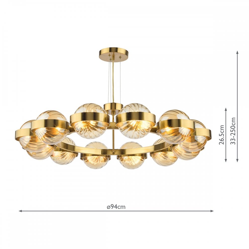 OPH1235 Ophira 12 Light Pendant Antique Gold and Amber Ribbed Glass