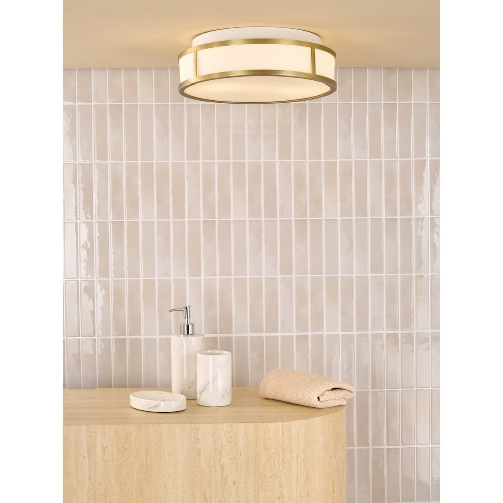 ROY5075 Royce 2 Light Bathroom Flush Matt Antique Brass and Opal Glass IP44