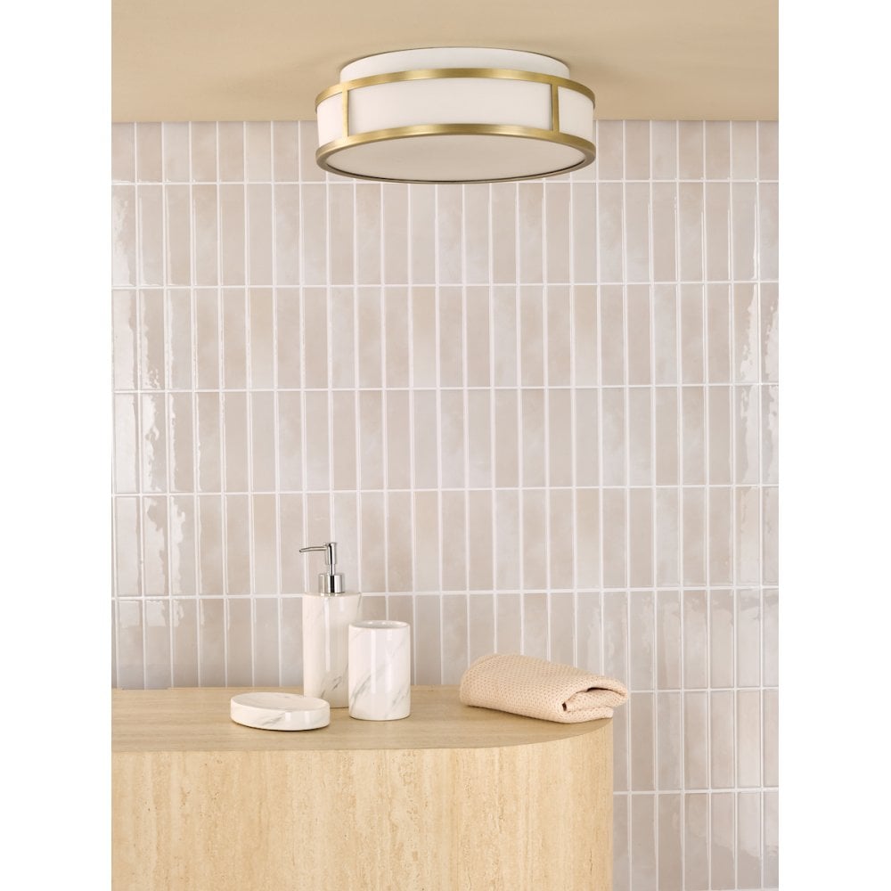 ROY5075 Royce 2 Light Bathroom Flush Matt Antique Brass and Opal Glass IP44