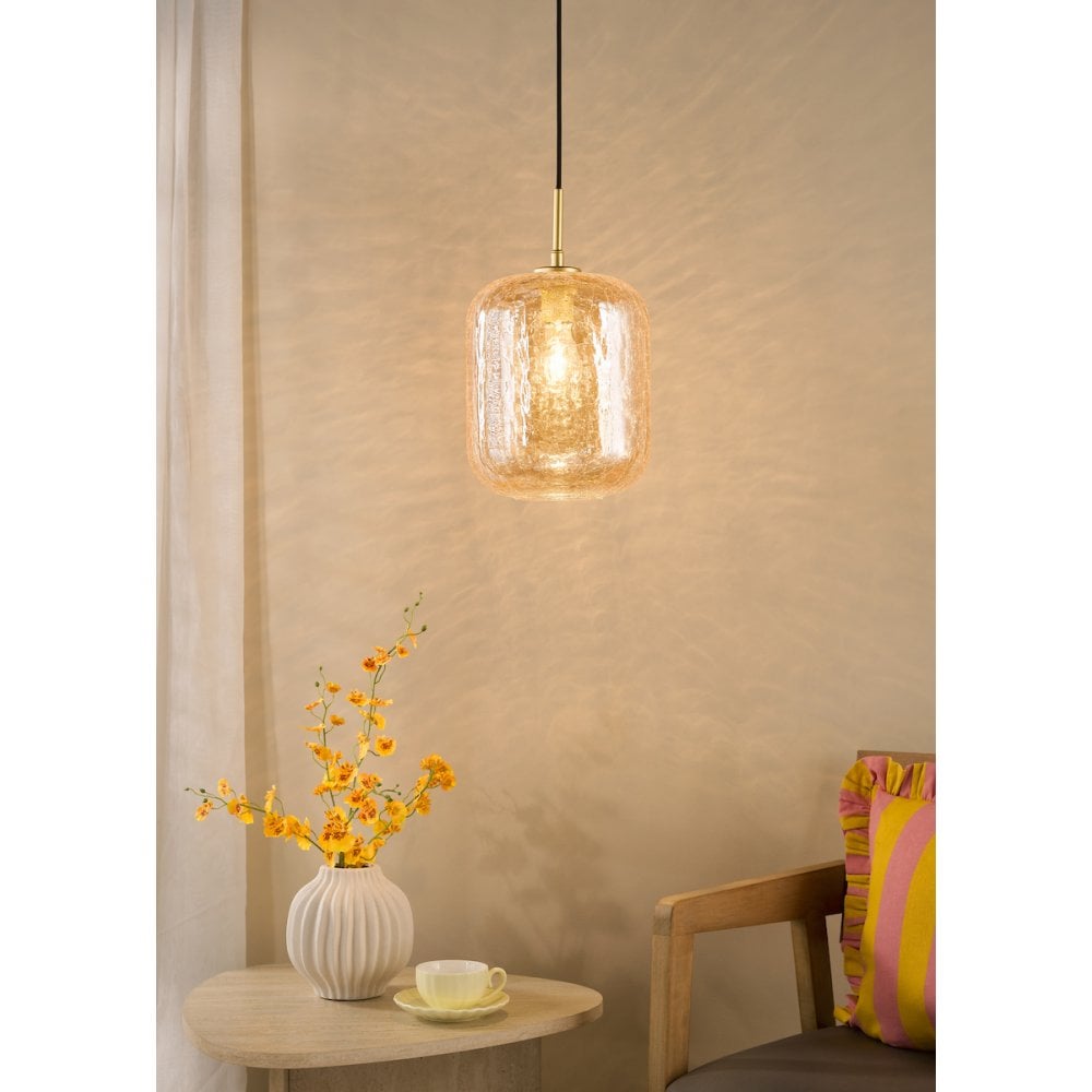 TAV0106 Tavia Pendant Satin Gold and Amber Glass