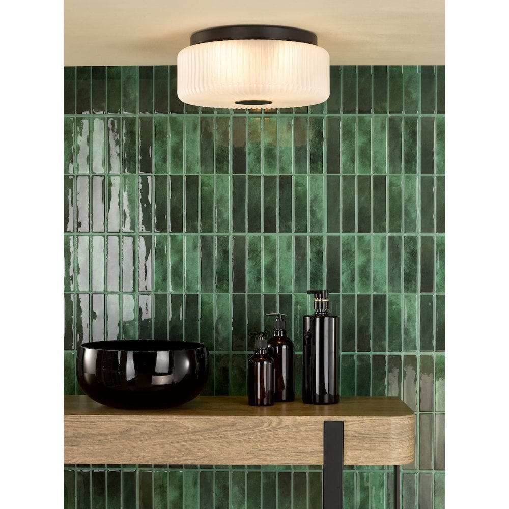 TWY5222 Twyman 3 Light Flush Satin Black and White Ribbed Glass IP44