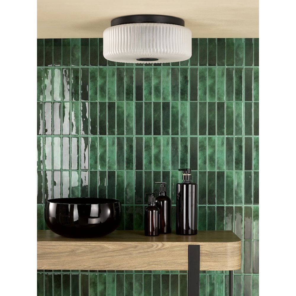 TWY5222 Twyman 3 Light Flush Satin Black and White Ribbed Glass IP44