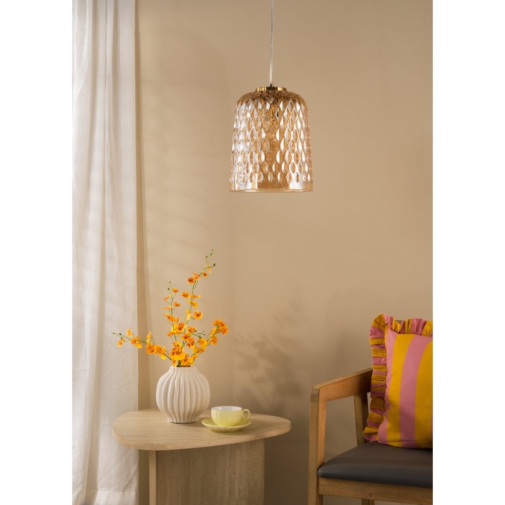 VAR0120 Varius Pendant Natural Brass and Amber Glass
