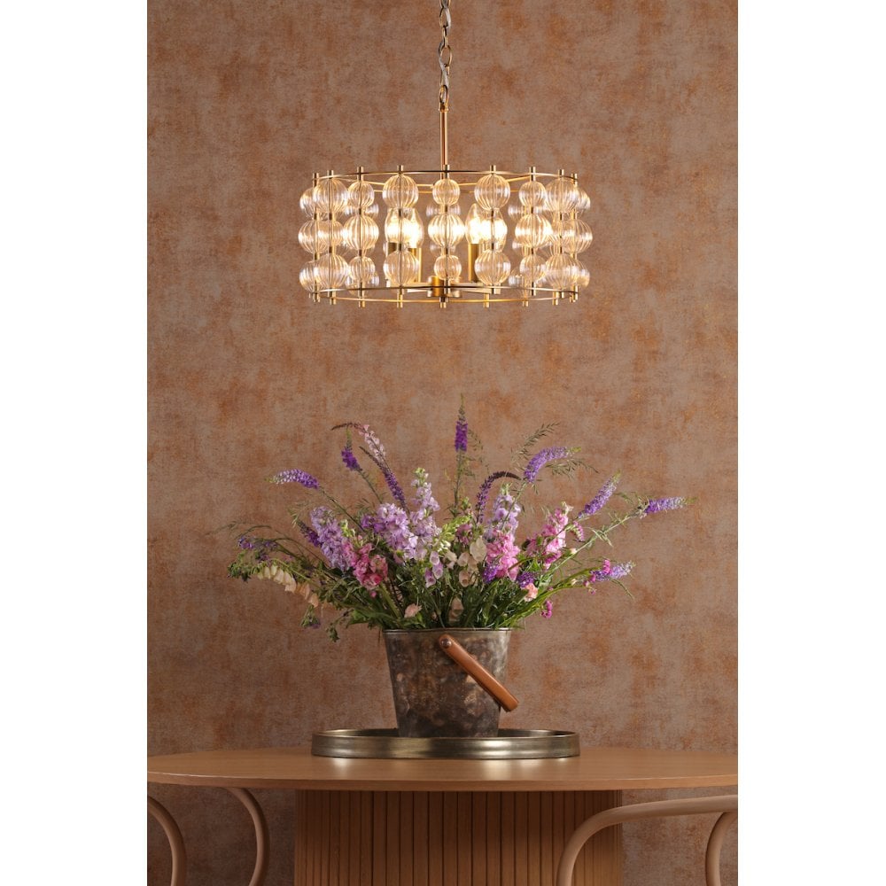 YUR0435 Yuridia 4 Light Pendant Satin Gold and Ribbed Glass