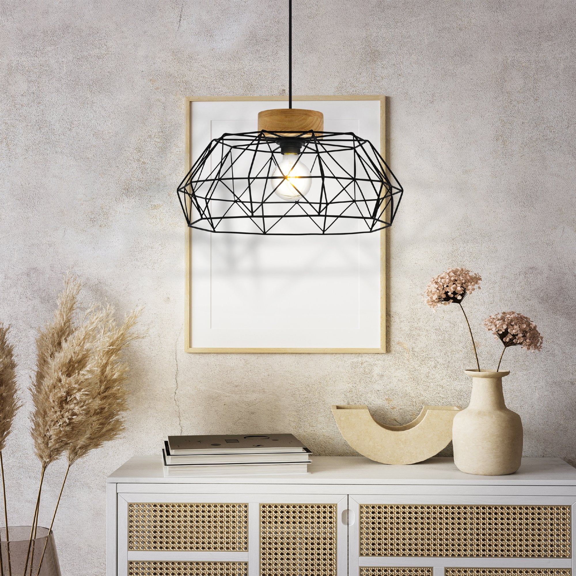 44089 Padstow Geometric Black Wire Steel & Wood Pendant