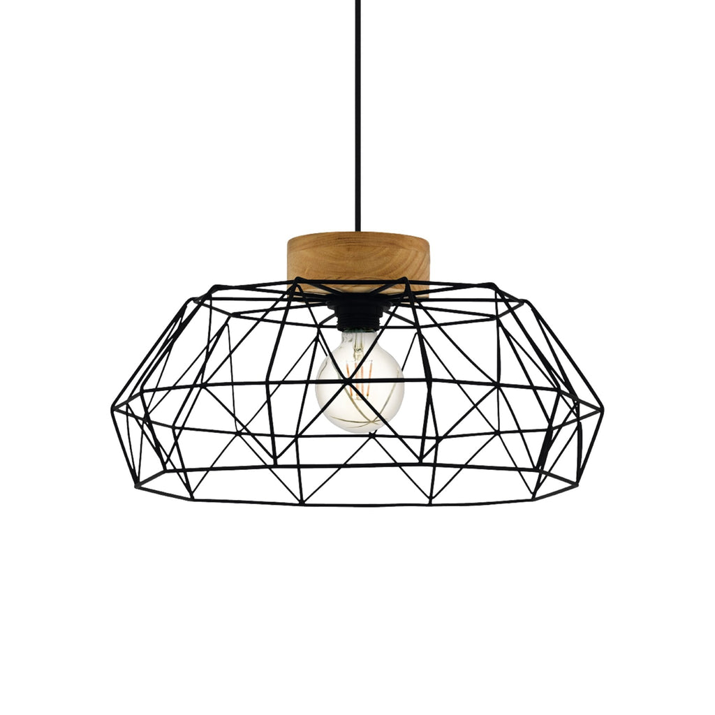 44089 Padstow Geometric Black Wire Steel & Wood Pendant