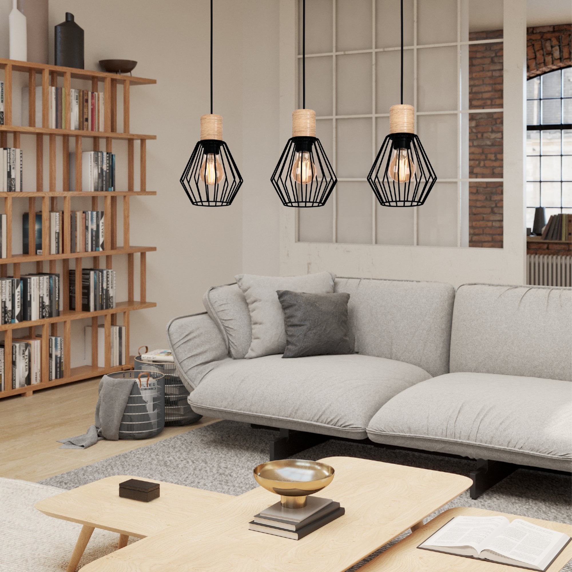 44094 Palmorla Black Wire Steel & Wood 3 Light Pendant