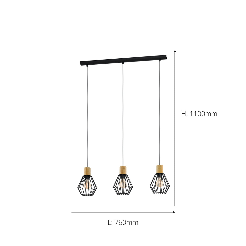 44094 Palmorla Black Wire Steel & Wood 3 Light Pendant
