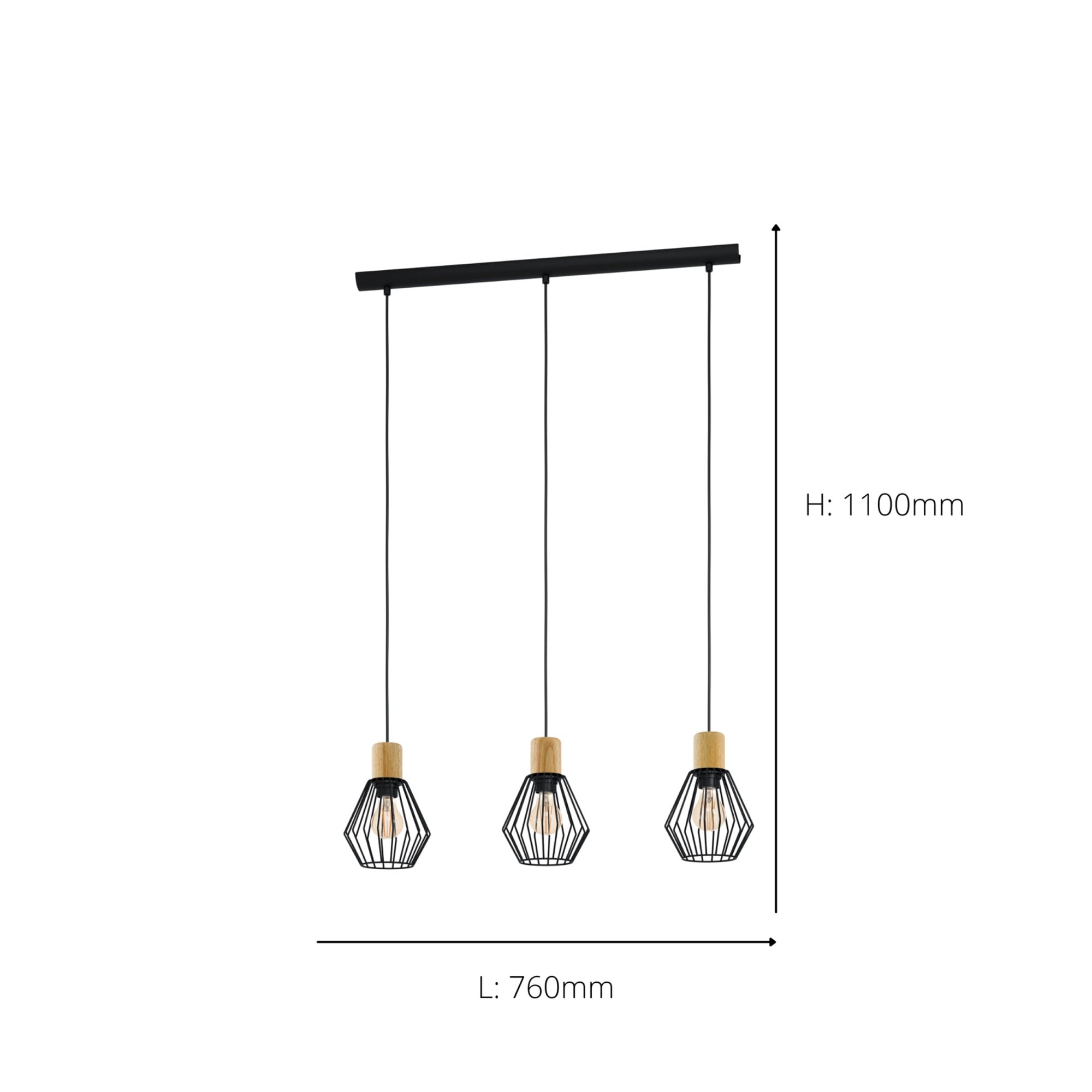 44094 Palmorla Black Wire Steel & Wood 3 Light Pendant