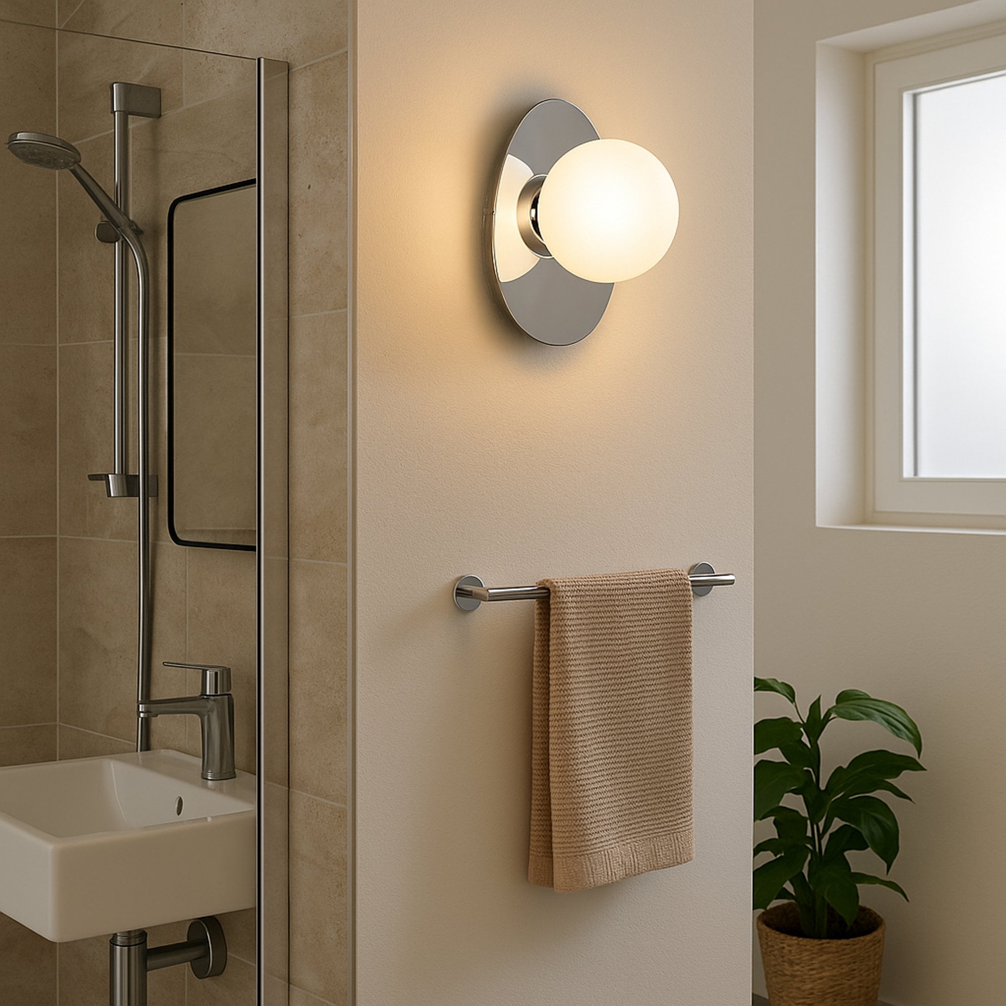 902095 Castrovido Matte Glass & Steel Modern Bathroom Wall Light Chrome