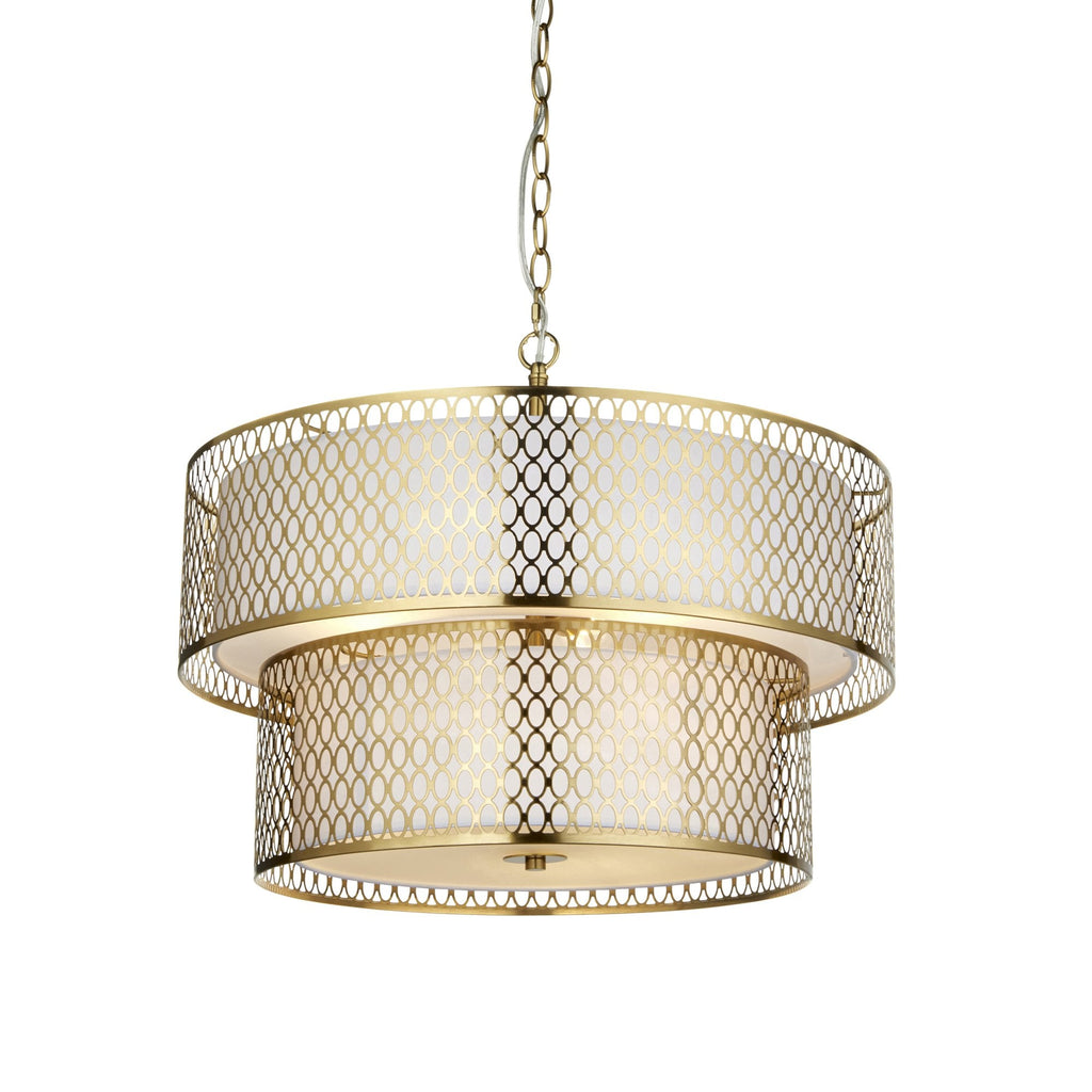 113420 Cordero 6 Light Tiered Pendant Gold Effect Plate, White Fabric & Frosted Glass