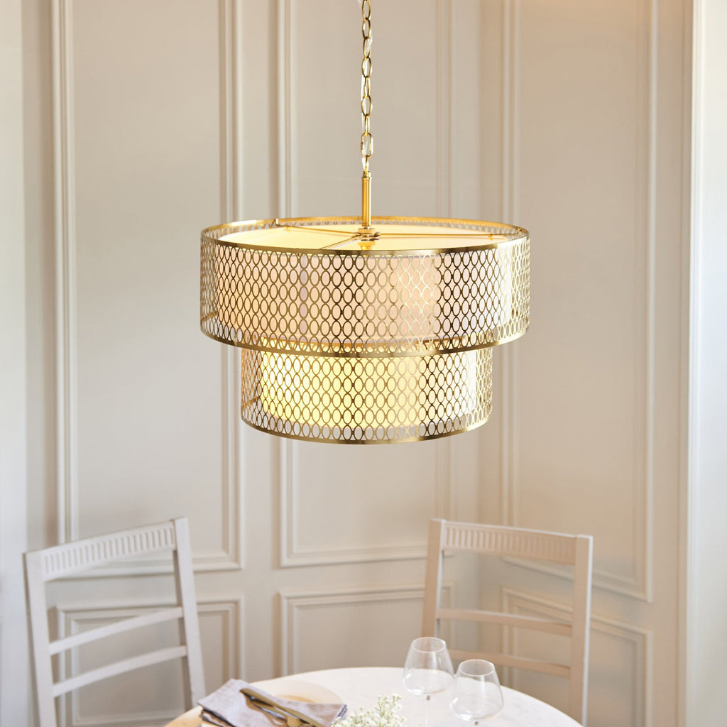 113420 Cordero 6 Light Tiered Pendant Gold Effect Plate, White Fabric & Frosted Glass